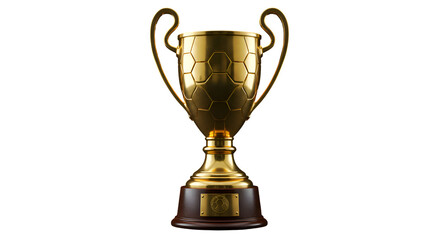 Fototapeta premium A golden winner's trophy cup with a soccer ball pattern on a wooden base, isolated on a white background.
