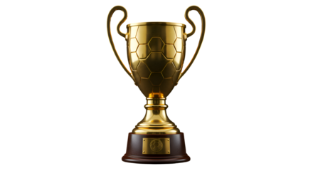 A golden winner's trophy cup with a soccer ball pattern on a wooden base, isolated on a white background.