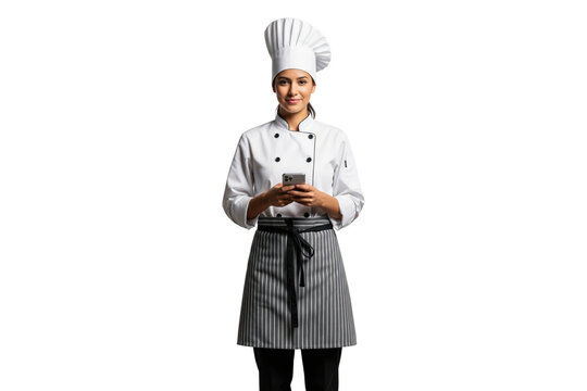 Confident professional female baker in a chef's hat holding a smartphone