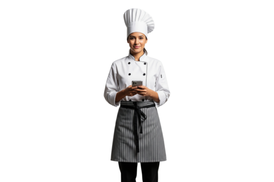 Confident professional female baker in a chef's hat holding a smartphone