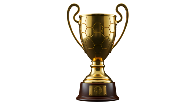 A golden winner's trophy cup with a soccer ball pattern on a wooden base, isolated on a white background.