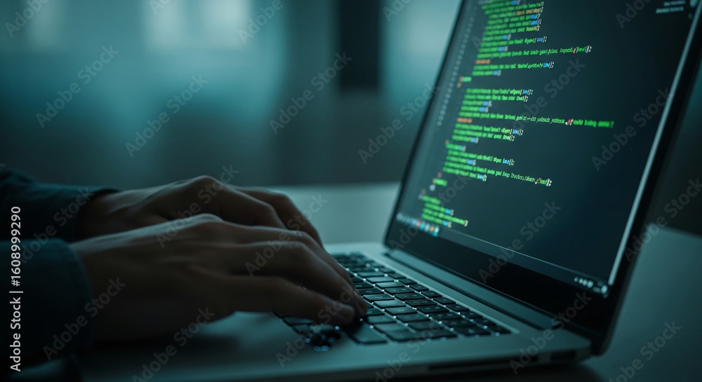 Poster close-up of hands typing code on laptop keyboard, screen displays lines of code, showcasing late-nig
