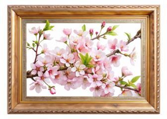  cherry blossom painting in a beautiful frame isolated on white background PNG ,AI GENERATED
