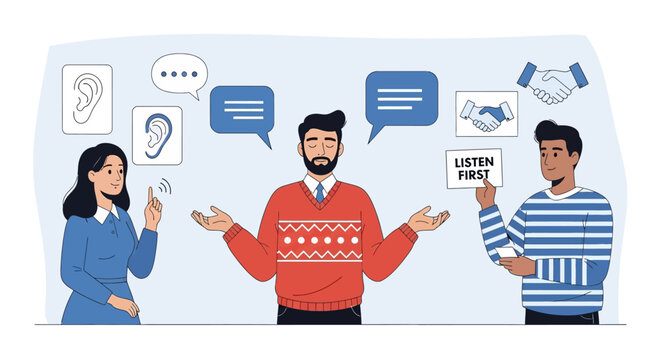 A diverse group of three individuals illustrating principles of effective communication, active listening, and mutual understanding in a dialogue setting.