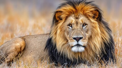 Obraz premium Majestic Lion Resting in Golden Grassy Field Under Soft Natural Light in Savanna Landscape