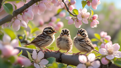 A vibrant butterfly rests on a delicate flower while a small brown sparrow with a distinctive beak perches on a branch in a spring garden
