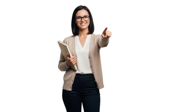 Confident female professional in glasses holding a book and pointing forward - Powered by Adobe