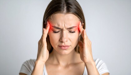 Fototapeta premium Woman with closed eyes, hands on temples, showing signs of severe headache