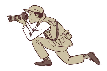 Adventurous photographer in safari gear captures wildlife with professional camera equipment