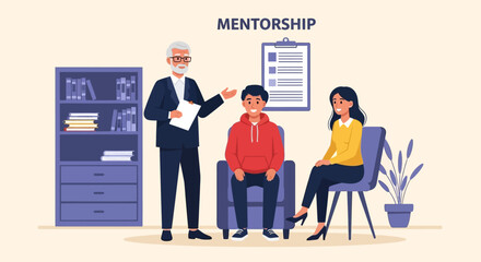 Elderly mentor guides two young adults in a supportive mentorship session.