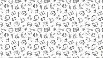 Seamless pattern featuring education and learning icons in black and white doodle style design
