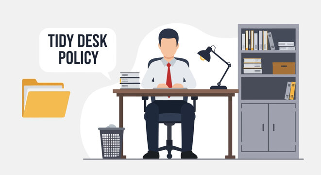 A businessman sits at a clean, organized desk, illustrating a tidy desk policy in the workplace.