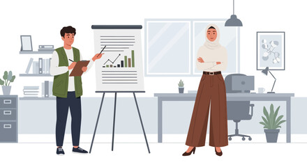 A man presents a business report with growth charts on a flip chart to a woman in a modern office setting.