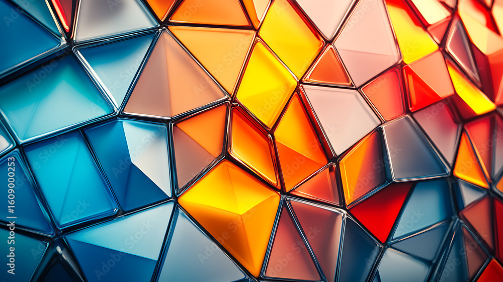 Poster surreal digital painting of a prismatic glass texture composed of colorful triangular shards, creati