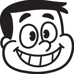 Cheerful Cartoon Boy Face with Wide Smile and Playful Expression, Black and White Line Art Illustration Perfect for Various Creative Projects