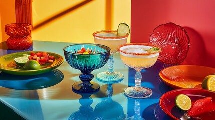 Festive Cinco de Mayo celebration with margarita cocktails in bold colorful glasses paired with traditional Mexican dishes and lively decor evoking joy and cultural spirit