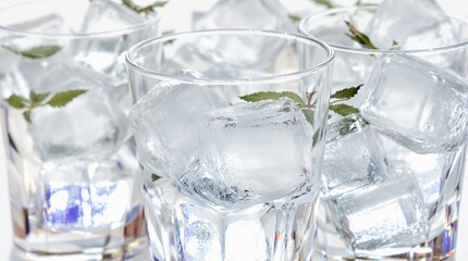 Refreshing Drinks with Ice and Mint in Clear Glasses