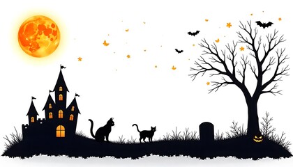 Haunted Castle and Full Moon Silhouette – Halloween Scene with Bats, Cats, and Pumpkin on White