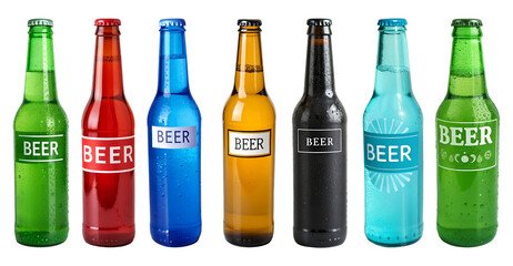 Set of colorful PNG bottles of beer isolated on a transparent background.