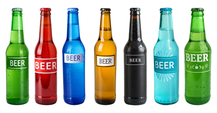 Set of colorful PNG bottles of beer isolated on a transparent background.