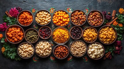 Festive Diwali arrangement of Indian dry fruits in decorative bowls surrounded by diyas rangoli patterns and sweets radiating celebration and warmth