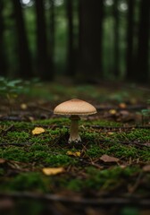 Solitary mushroom grows amidst lush forest groundcover.