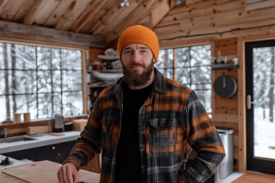 Carpenter measuring and cutting wood in a cozy workshop - Powered by Adobe