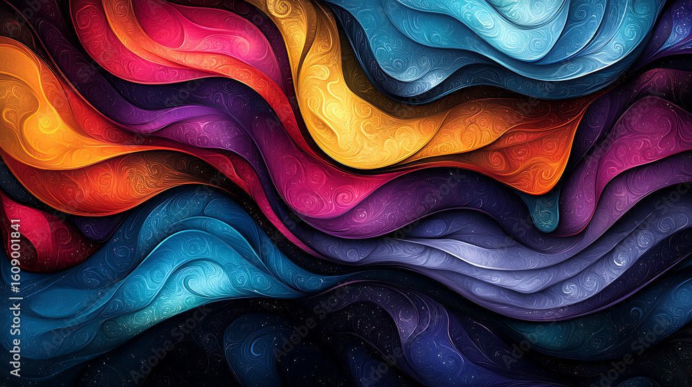 Poster surreal painting of colorful wave-like forms merging in fluid motion, forming a dynamic fantasy-insp
