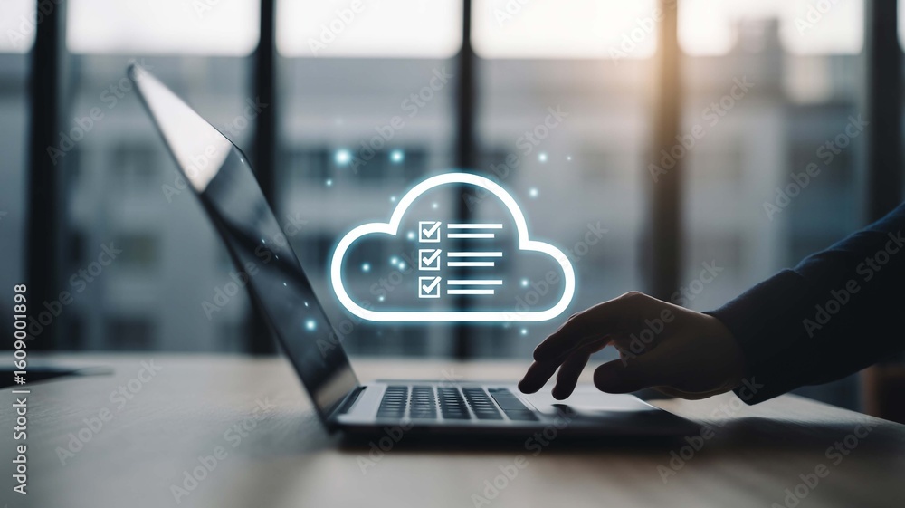 Poster leveraging cloud solutions streamlining tasks with innovative technology for enhanced efficiency and