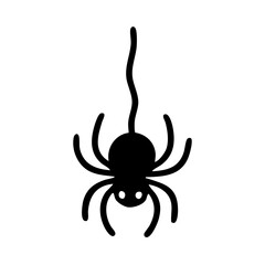 Black silhouette of hanging spider in simple flat vector style. Hand-drawn look, minimal and bold on white background. Great for Halloween decor, party invites, stickers, kids crafts, web icons.