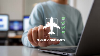 The thrill of booking flights online with a confirmed aircraft and tick icons on a clear translucent device screen with