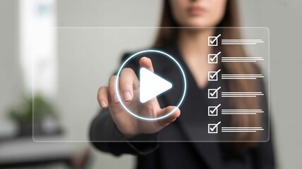 Navigating digital checklists A woman s focused touch on a virtual play button ready to learn and engage with modern