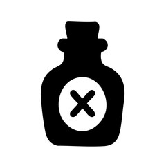 Black silhouette of poison bottle with X mark in flat vector style. Bold and minimal icon on white background. Ideal for Halloween graphics, spooky packaging, warning signs, games, education.