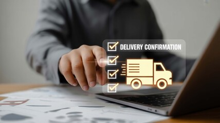 Empowering e commerce A focused man confirms a delivery with a digital checklist on his laptop signaling order
