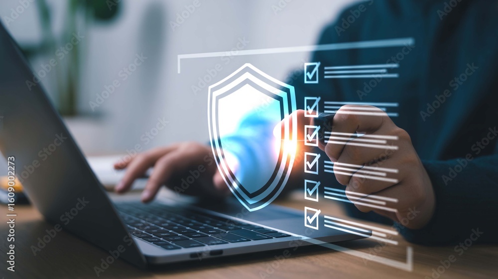 Poster ensuring digital security a person working on laptop with a protective shield and checklist focusing