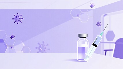 Syringe and vaccine bottle on hospital counter with virus cells in air for health awareness and immunization campaign