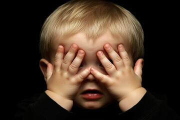 Child feels embarrassed with a shy expression in dark setting