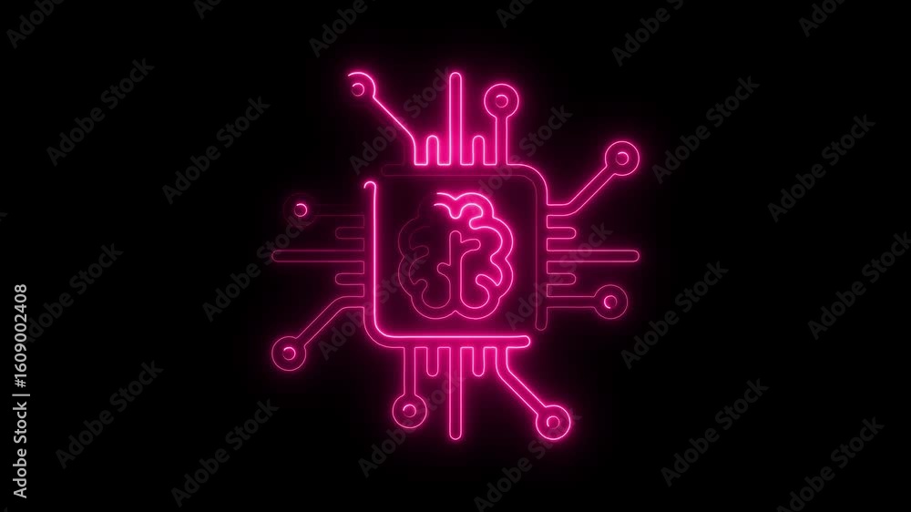 Poster neon brain circuitry animation futuristic a i concept glowing pink brain inside processor chip