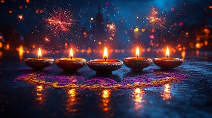 Festive Diwali celebration card featuring glowing diyas intricate rangoli designs and bursts of colorful fireworks in the night sky symbolizing light joy and prosperity