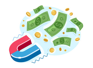 Magnet attracts banknotes, dollar bills and gold coins. Wealth and financial success. Business idea or strategy