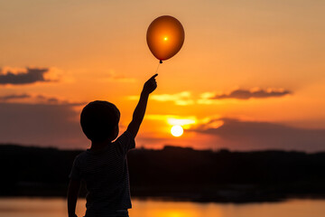 Child releases a balloon at sunset while enjoying the moment