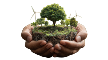 Hands holding miniature landscape with trees and windmills

