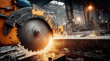 Powerful Circular Saw Cutting Metal with Sparks Flying in Industrial Workshop Setting