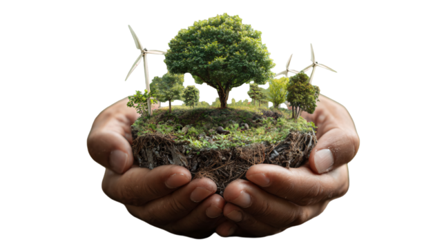 Hands holding miniature landscape with trees and windmills