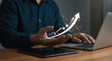 Business professional presenting growth arrow on laptop. Modern corporate success with digital progress indicators. Tech-driven business development strategy.