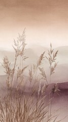 Obraz premium Soft watercolor pastel wallpaper design featuring dry grass in fog, creating a serene and natural atmosphere for interior walls with delicate aquarelle texture and muted tones.