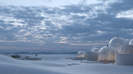 Glowing Glass Domes Emerging from Sandy Landscape at Dusk