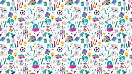 Colorful back to school themed seamless pattern with school supplies on a white background design