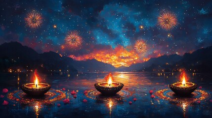 Festive Diwali celebration card featuring glowing diyas intricate rangoli designs and bursts of colorful fireworks in the night sky symbolizing light joy and prosperity