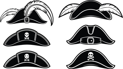 Collection of six vintage pirate hats with feather and skull designs